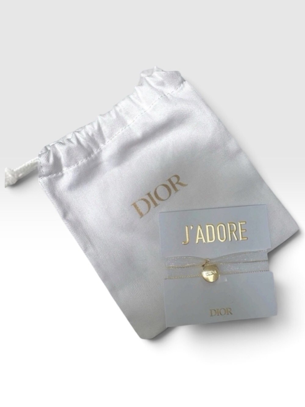 Dior Beauty J’adore Ribbon Charm Bracelet Gold White + Pouch Card NWT
